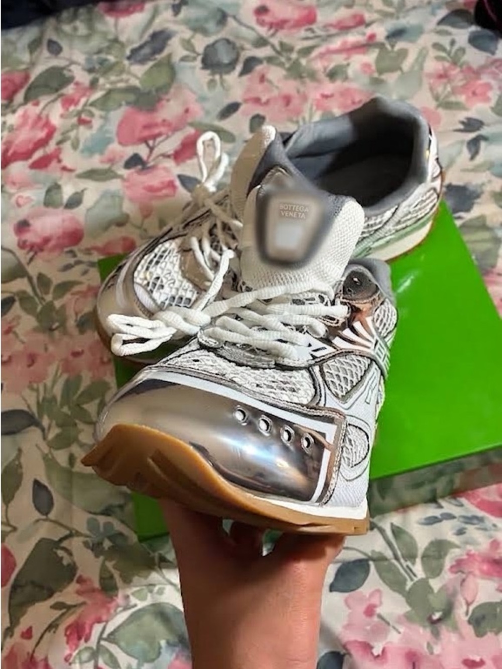 Bottega Veneta White and Metallic Silver Runner Sneaker